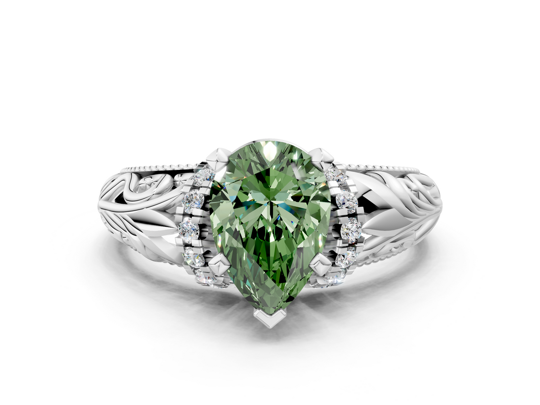 White gold Fancy Green Pear  Solitaire Filigree Engagement Ring with Halo and Prong Setting_114