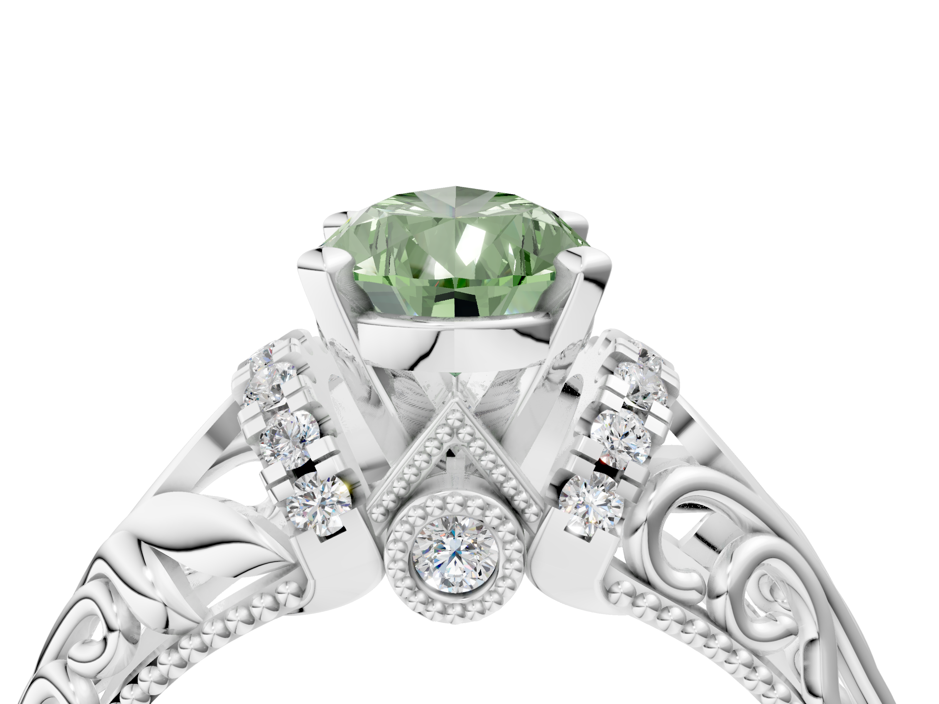 White gold Fancy Green Pear  Solitaire Filigree Engagement Ring with Halo and Prong Setting_78