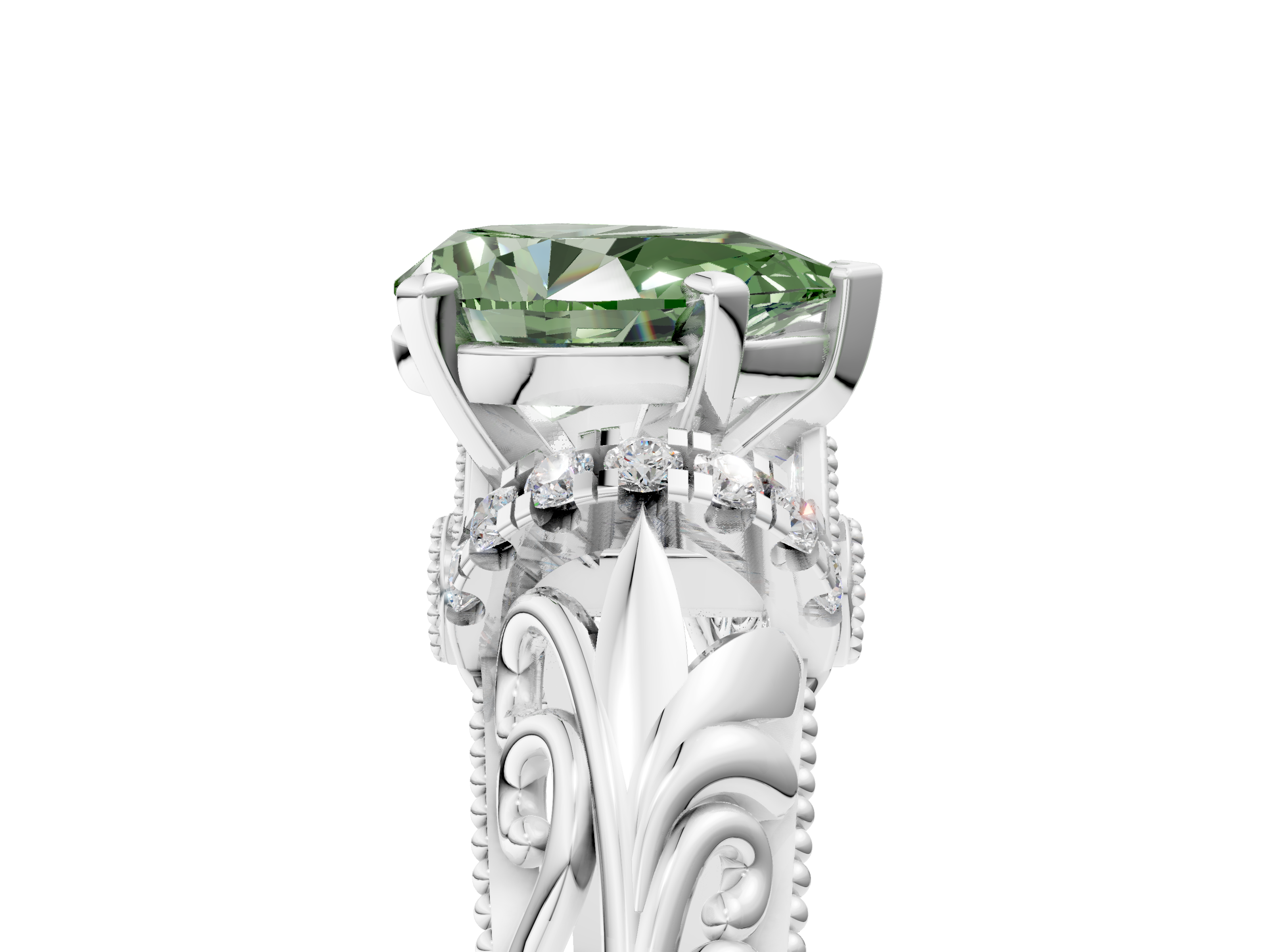 White gold Fancy Green Pear  Solitaire Filigree Engagement Ring with Halo and Prong Setting_79