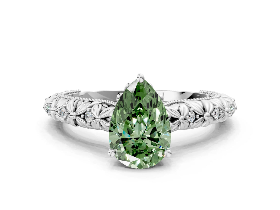 White gold Fancy Green Pear  Solitaire Floral Milgrain Engagement Ring_49