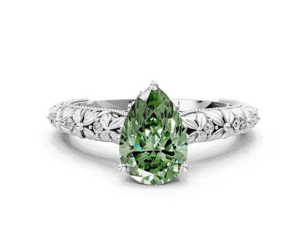 White gold Fancy Green Pear  Solitaire Floral Milgrain Engagement Ring
