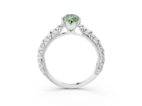White gold Fancy Green Pear  Solitaire Floral Milgrain Engagement Ring
