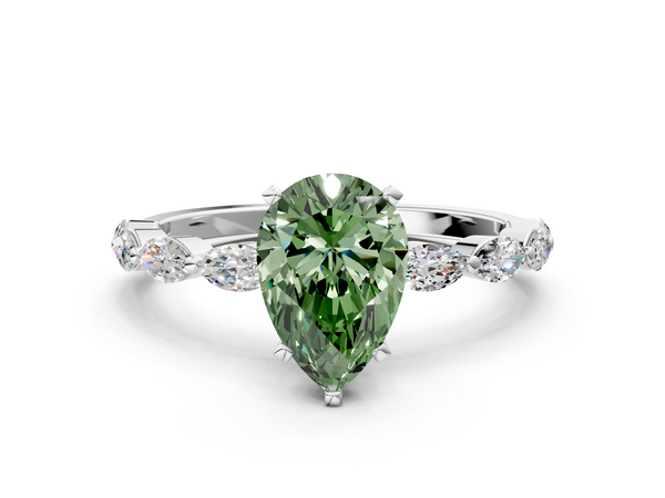 Platinum Fancy Green Pear Cut Diamond Ring with Marquise Side Stones and Prong Setting