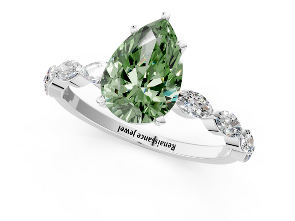 Platinum Fancy Green Pear Cut Diamond Ring with Marquise Side Stones and Prong Setting