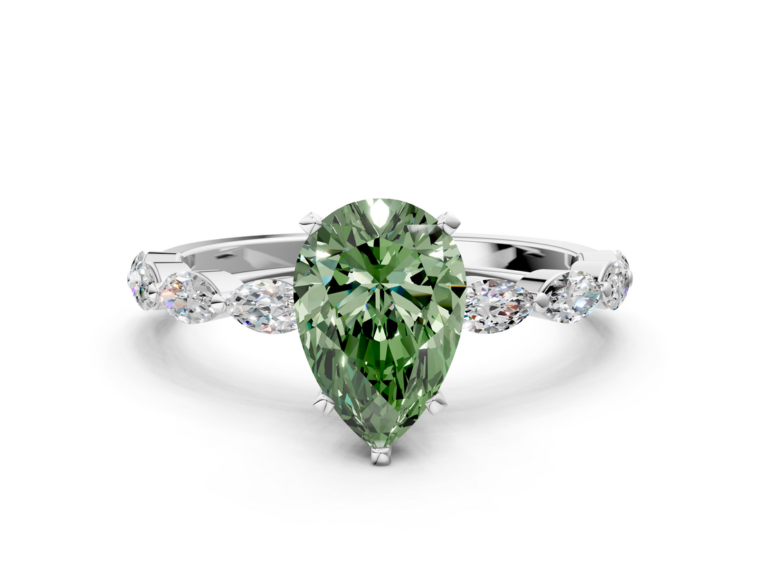 White gold Fancy Green Pear  Solitaire Marquise Side Stone Prong Setting Ring_45