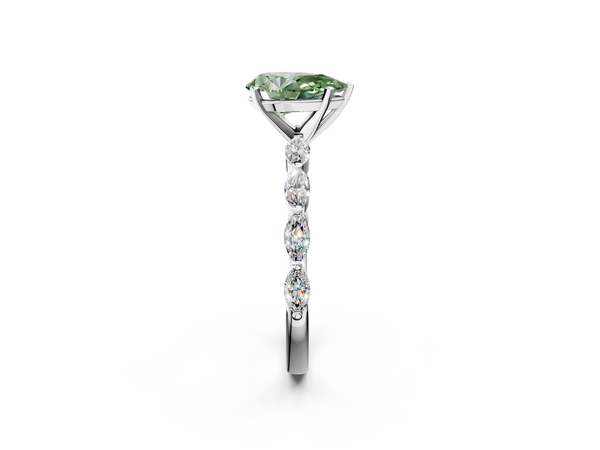 Platinum Fancy Green Pear Cut Diamond Ring with Marquise Side Stones and Prong Setting