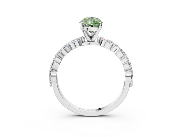 Platinum Fancy Green Pear Cut Diamond Ring with Marquise Side Stones and Prong Setting