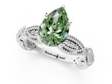 White gold Fancy Green Pear  Solitaire Milgrain Diamond Engagement Ring with Bezel and Marquise Band_194