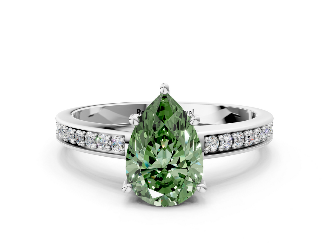 White gold Fancy Green Pear  Solitaire Pavé Band Prong Setting Ring_20