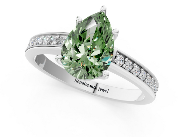 White gold Fancy Green Pear  Solitaire Pavé Band Prong Setting Ring