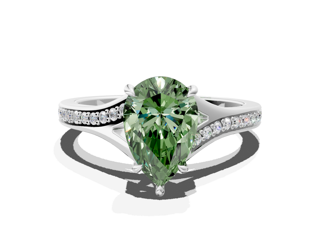 White gold Fancy Green Pear  Solitaire Pavé Band with Four-Prong Setting_62