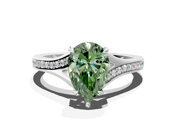 Platinum Fancy Green Pear Cut Diamond Solitaire Ring with Pavé Band and Prong Setting