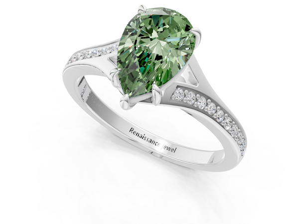 Platinum Fancy Green Pear Cut Diamond Solitaire Ring with Pavé Band and Prong Setting