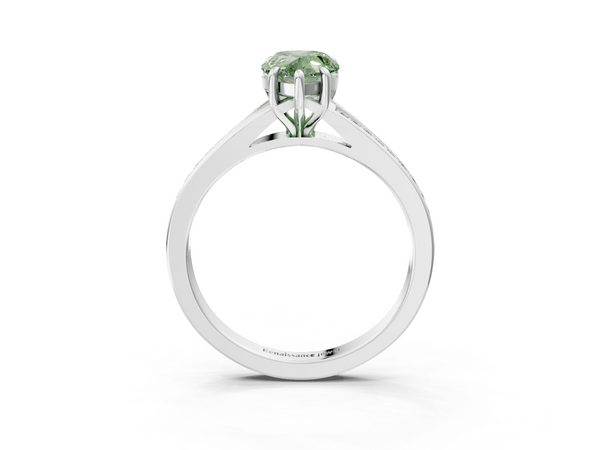 Platinum Fancy Green Pear Cut Diamond Solitaire Ring with Pavé Band and Prong Setting