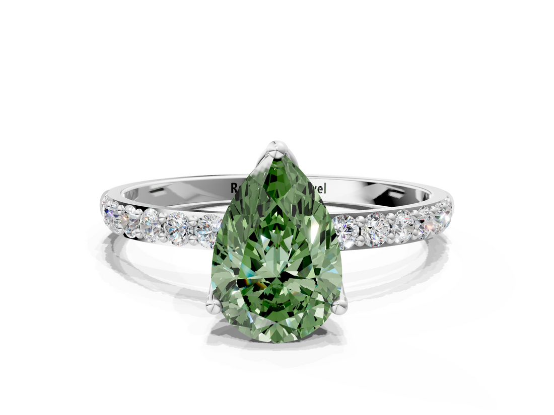 Platinum 4.06 Carat Green VS1 Pear Diamond Solitaire Engagement Ring with Round Pavé Band and Prong Setting