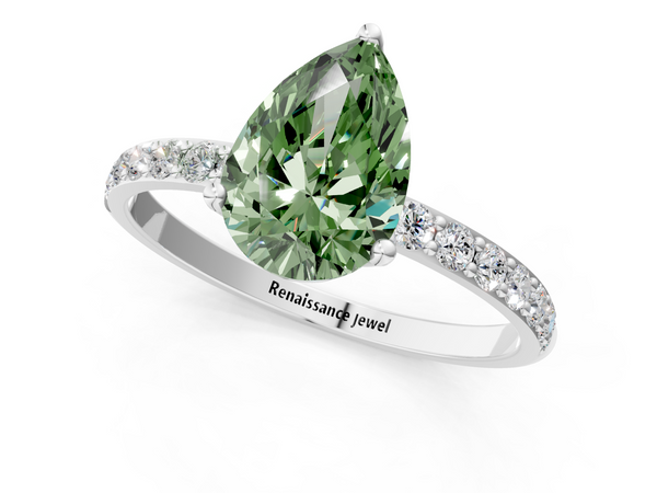 Platinum 4.06 Carat Green VS1 Pear Diamond Solitaire Engagement Ring with Round Pavé Band and Prong Setting