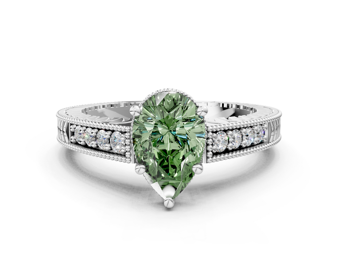 White gold Fancy Green Pear  Solitaire Pavé Diamond Milgrain Engagement Ring with Four-Prong Setting_48