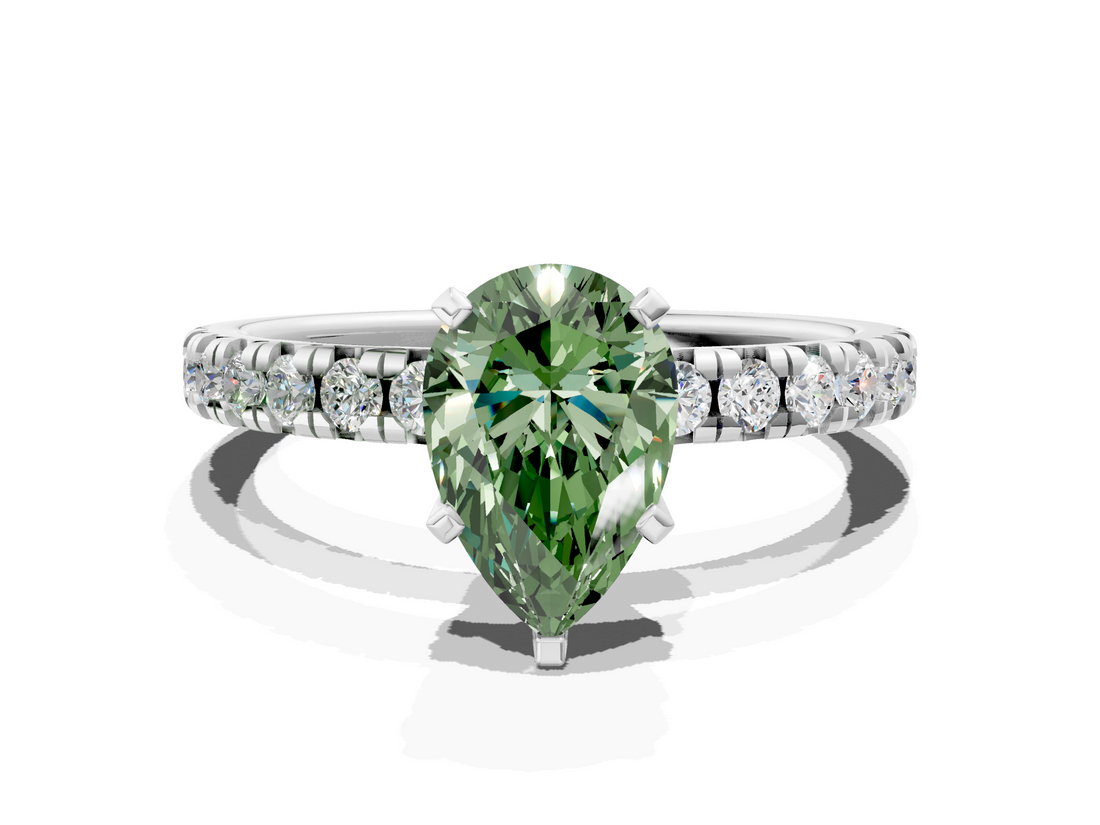 White gold Fancy Green Pear  Solitaire Pave Diamond Engagement Ring with Four-Prong Setting_264