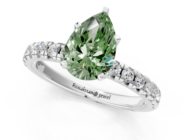 Platinum Fancy Green Pear  Solitaire Pave Diamond Engagement Ring with Four-Prong Setting