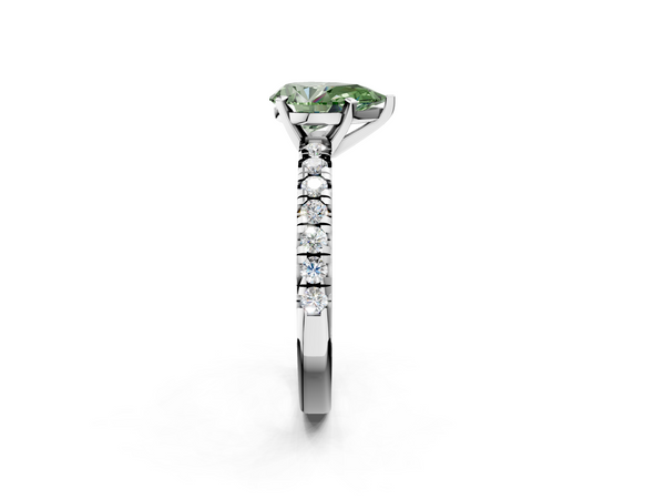 Platinum Fancy Green Pear  Solitaire Pave Diamond Engagement Ring with Four-Prong Setting