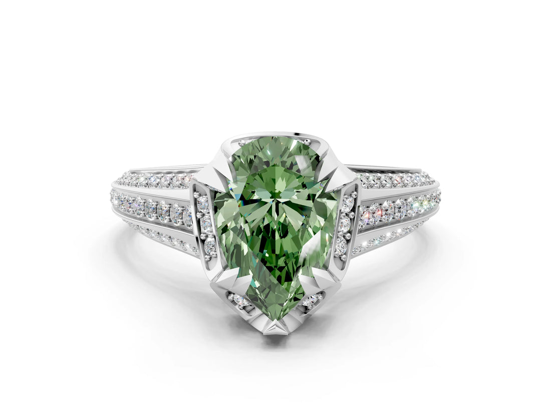 White gold Fancy Green Pear  Solitaire Pave Split Shank Ring with Four-Prong Setting_173