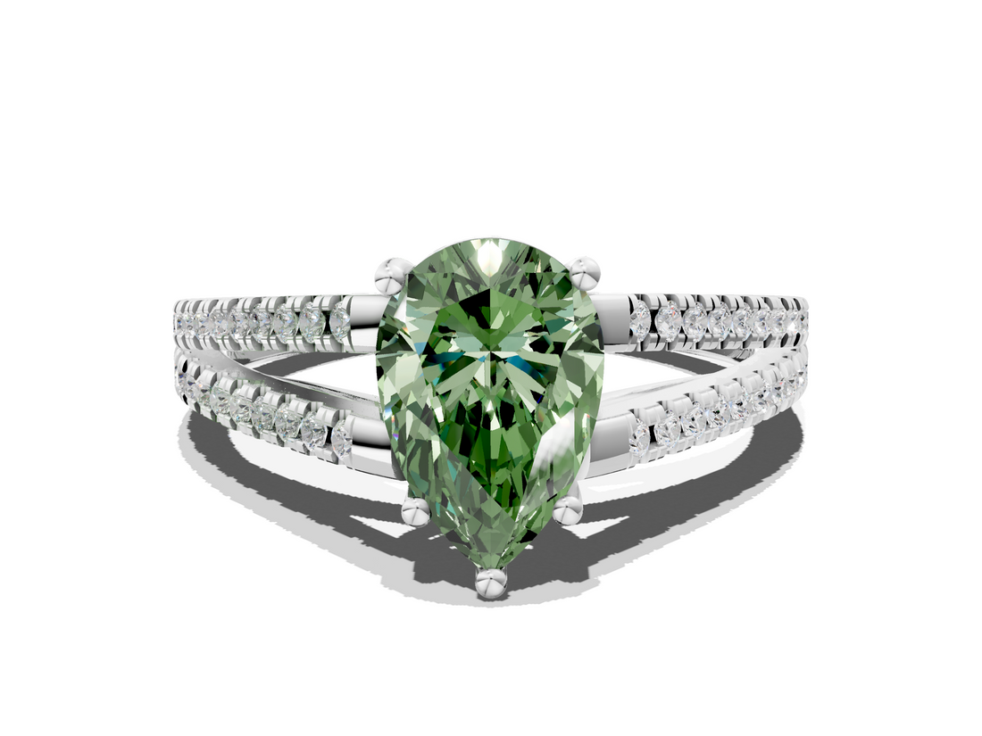 White gold Fancy Green Pear  Solitaire Split Shank Pavé Diamond Engagement Ring_384