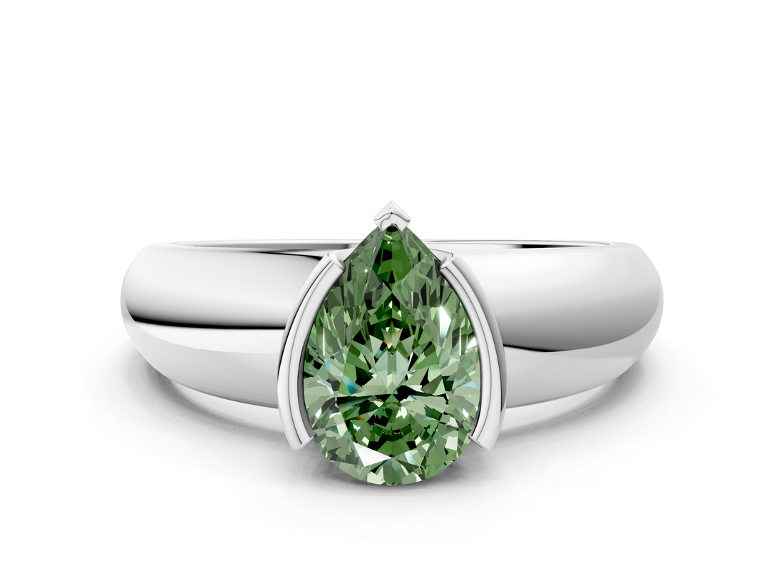 White gold Fancy Green Pear  Solitaire Tension Set Diamond Ring with Wide Band_37