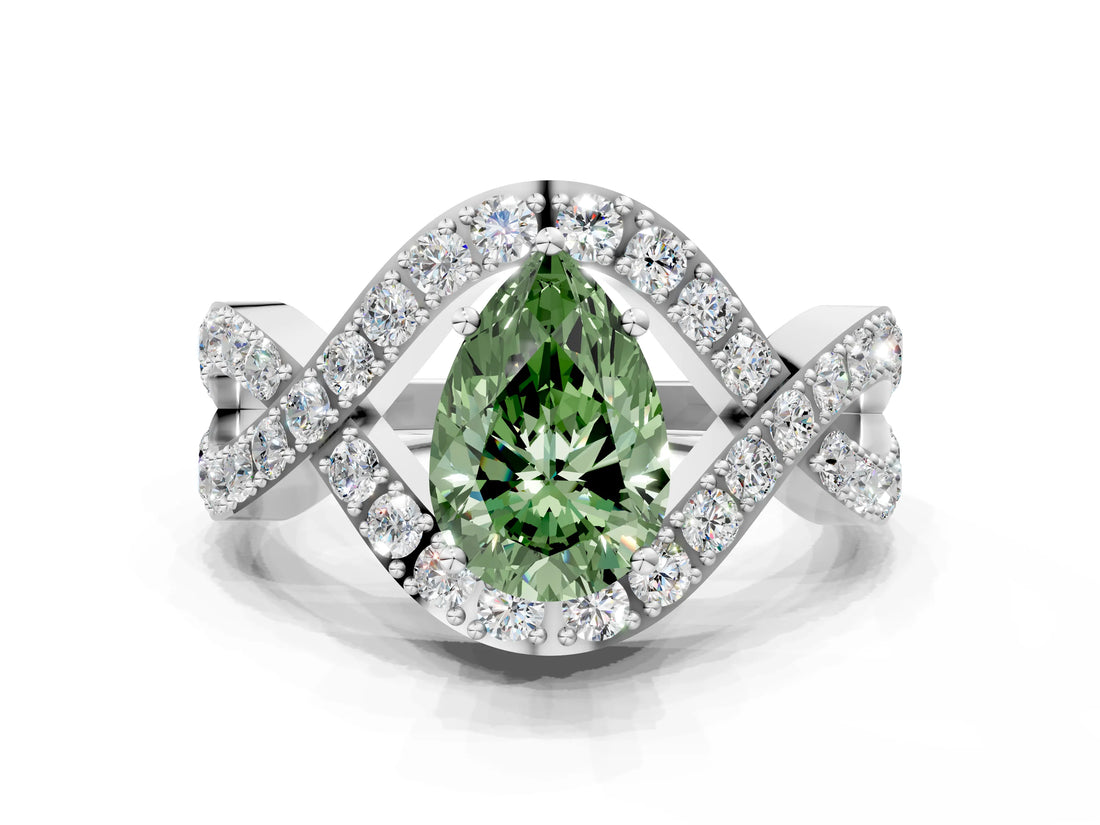 White gold Fancy Green Pear  Solitaire Twist Band Pavé Diamond Engagement Ring_50
