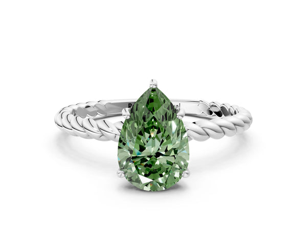 White gold Fancy Green Pear  Solitaire Twist Band Ring with Four-Prong Setting