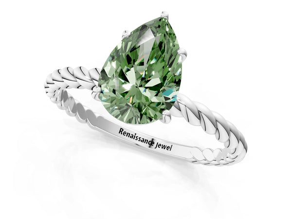 White gold Fancy Green Pear  Solitaire Twist Band Ring with Four-Prong Setting