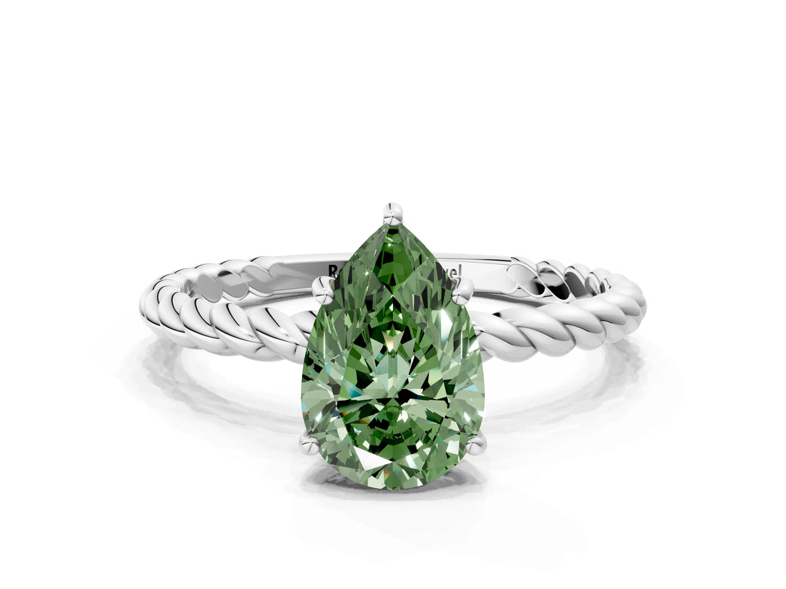 White gold Fancy Green Pear  Solitaire Twist Band Ring with Four-Prong Setting_140