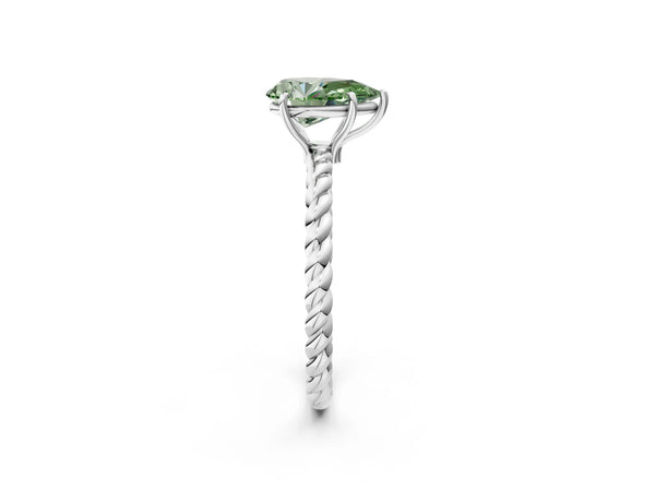White gold Fancy Green Pear  Solitaire Twist Band Ring with Four-Prong Setting