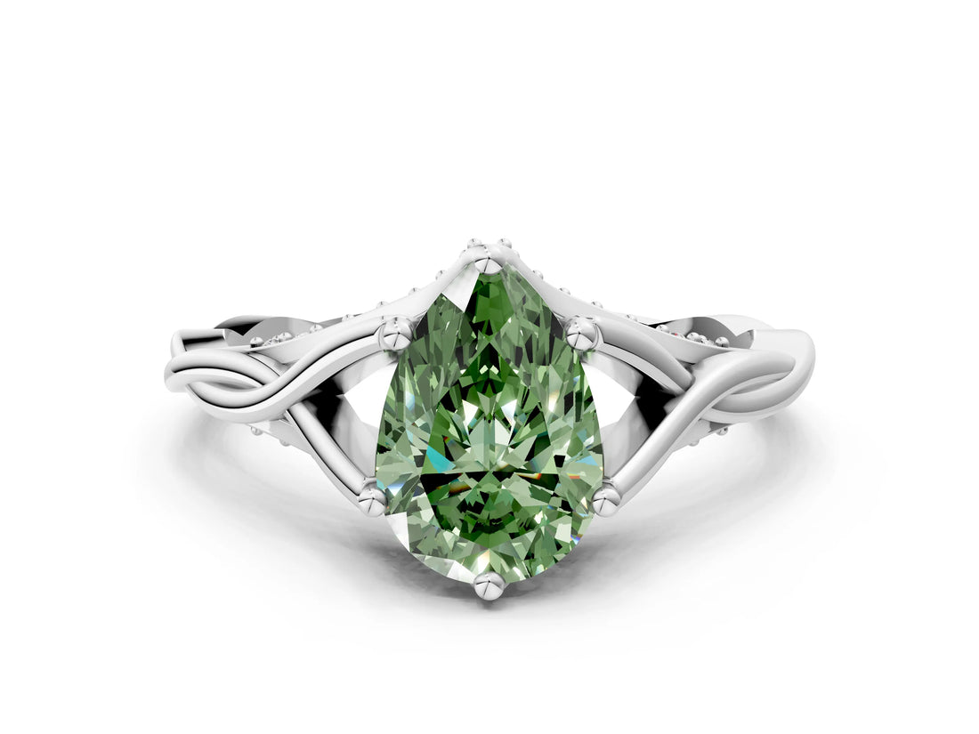 White gold Fancy Green Pear  Solitaire Twist Band Six-Prong Setting