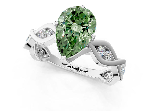 White gold Fancy Green Pear  Solitaire Twist Band with Leaf Prong Setting