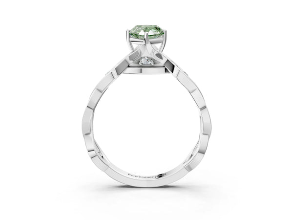 White gold Fancy Green Pear  Solitaire Twist Band with Leaf Prong Setting