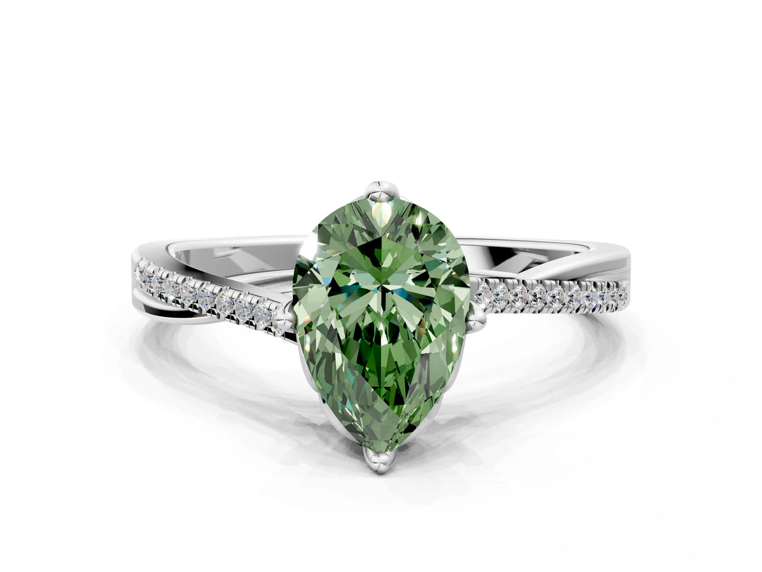 White gold Fancy Green Pear  Solitaire Twist Band with Pavé Diamonds and Four-Prong Setting_61