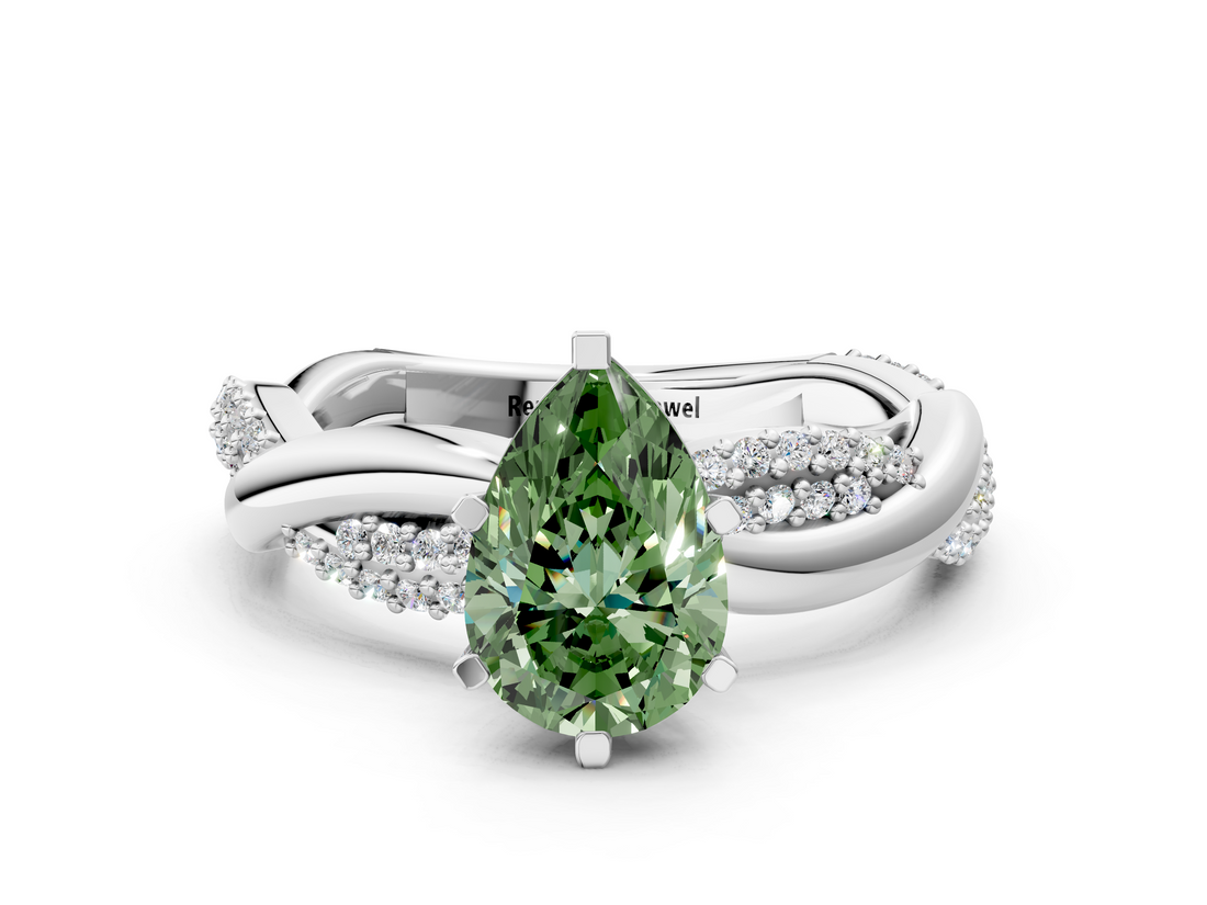 White gold Fancy Green Pear  Solitaire Twist Band with Pave Prong Setting_81
