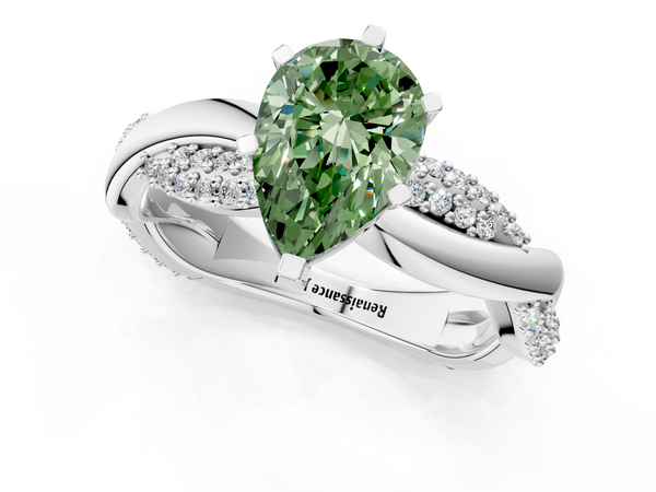 White gold Fancy Green Pear  Solitaire Twist Band with Pave Prong Setting
