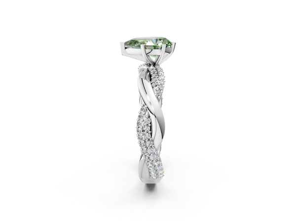 White gold Fancy Green Pear  Solitaire Twist Band with Pave Prong Setting