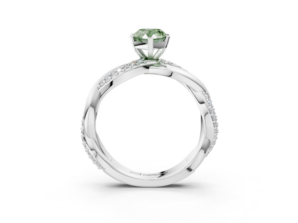 White gold Fancy Green Pear  Solitaire Twist Band with Pave Prong Setting