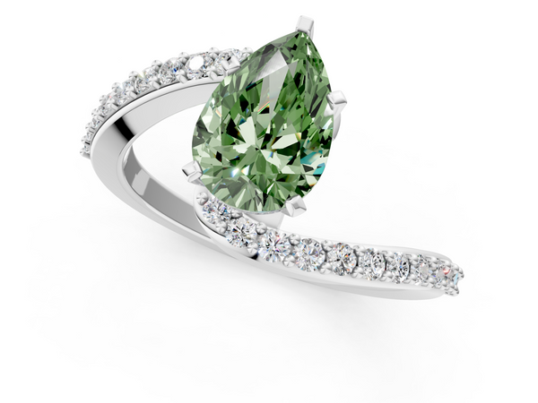 White gold Fancy Green Pear  Solitaire Twist Band with Pave Set Diamonds and Four-Prong Setting