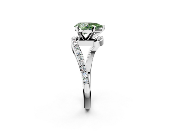 White gold Fancy Green Pear  Solitaire Twist Band with Pave Set Diamonds and Four-Prong Setting