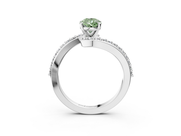 White gold Fancy Green Pear  Solitaire Twist Band with Pave Set Diamonds and Four-Prong Setting
