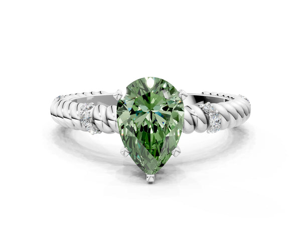 Platinum Fancy Green Pear  Solitaire Twisted Band Prong Set Engagement Ring