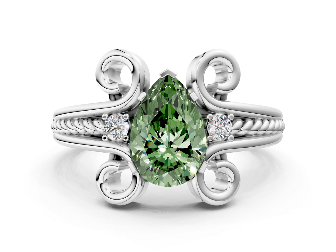 White gold Fancy Green Pear  Solitaire Twisted Band Scroll Prong Ring_3