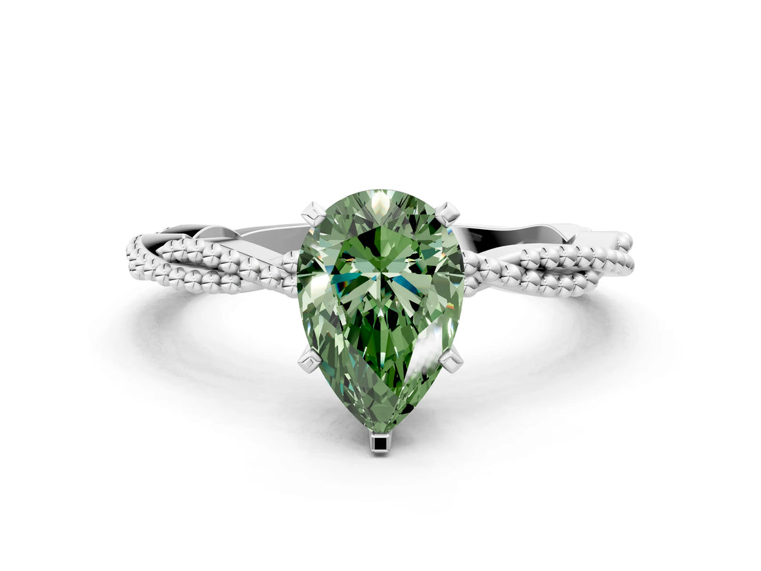 White gold Fancy Green Pear  Solitaire Twisted Band with Bead Prong Setting_390