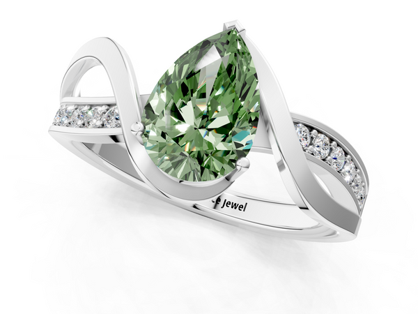 Platinum Fancy Green Pear  Solitaire Twisted Band with Prong Setting