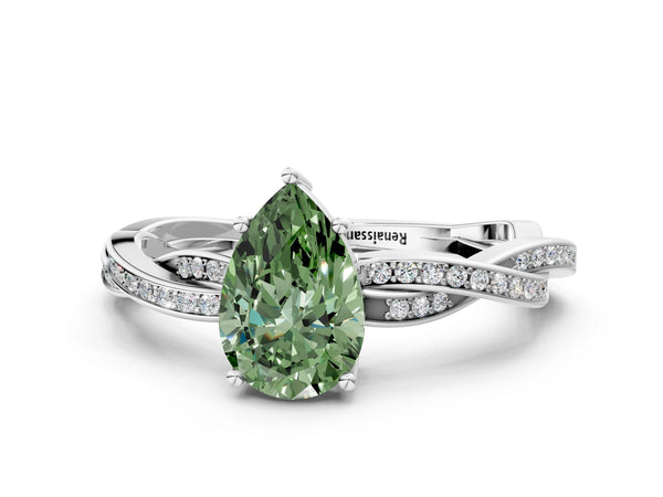 Platinum Fancy Green Pear  Solitaire Twisted Pave Diamond Ring with Four-Prong Setting