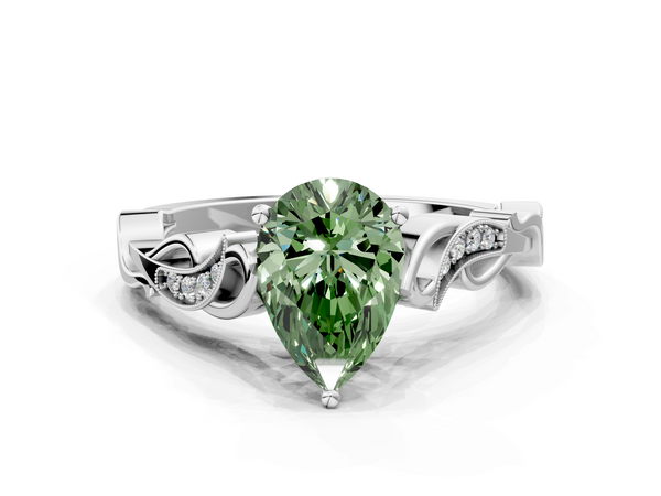 White gold Fancy Green Pear  Solitaire Vine Band with Milgrain Prong Setting