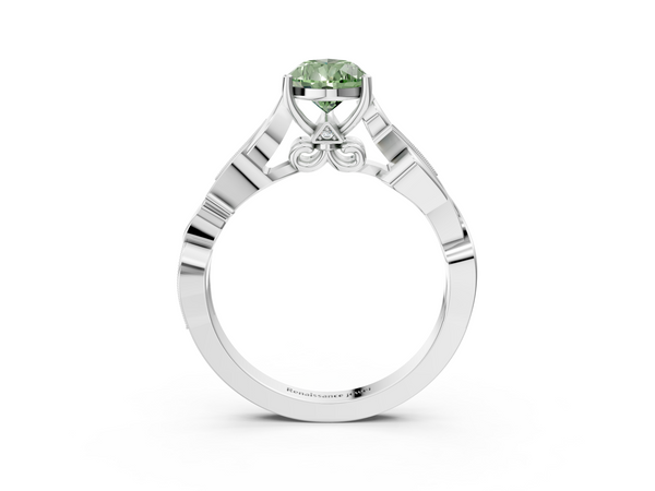 White gold Fancy Green Pear  Solitaire Vine Band with Milgrain Prong Setting